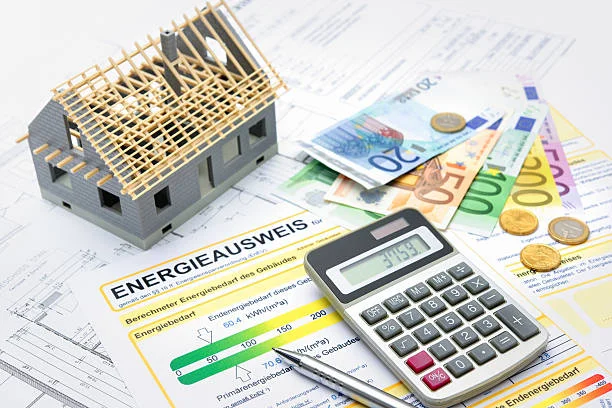 Maquette de maison en construction avec un calculateur d’énergie, des plans, des billets et des pièces de monnaie