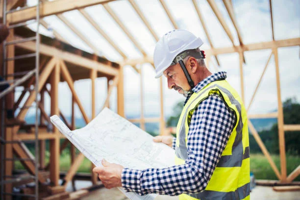 Architecte en casque de sécurité et gilet fluorescent examinant des plans de construction sur un chantier en bois